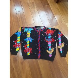 Christine Foley Vintage Black Novelty HandKnit Cardigan Sweater Animals Size 2